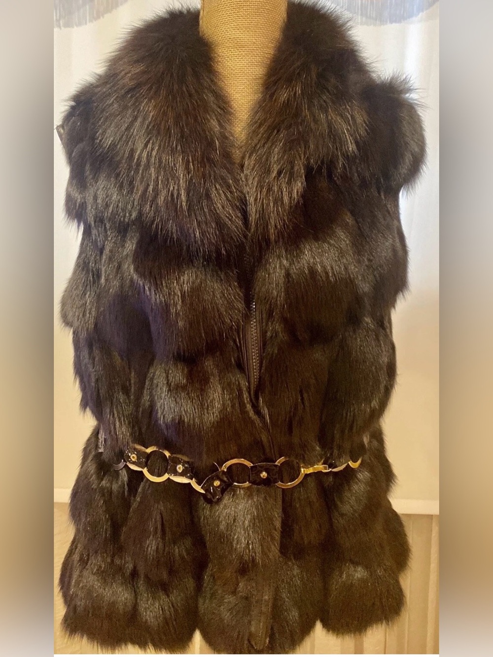 Bugatteli Women's Dark Brown Genuine Fur Vest with Decorative Gold Belt, size M
